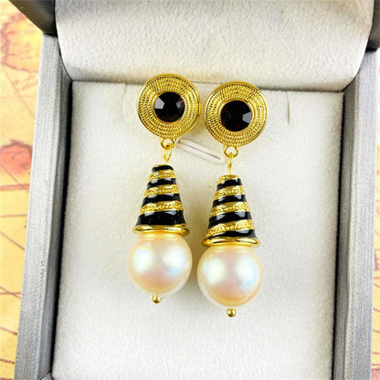 Teardrop Pearl stud earring enamel zebra pattern