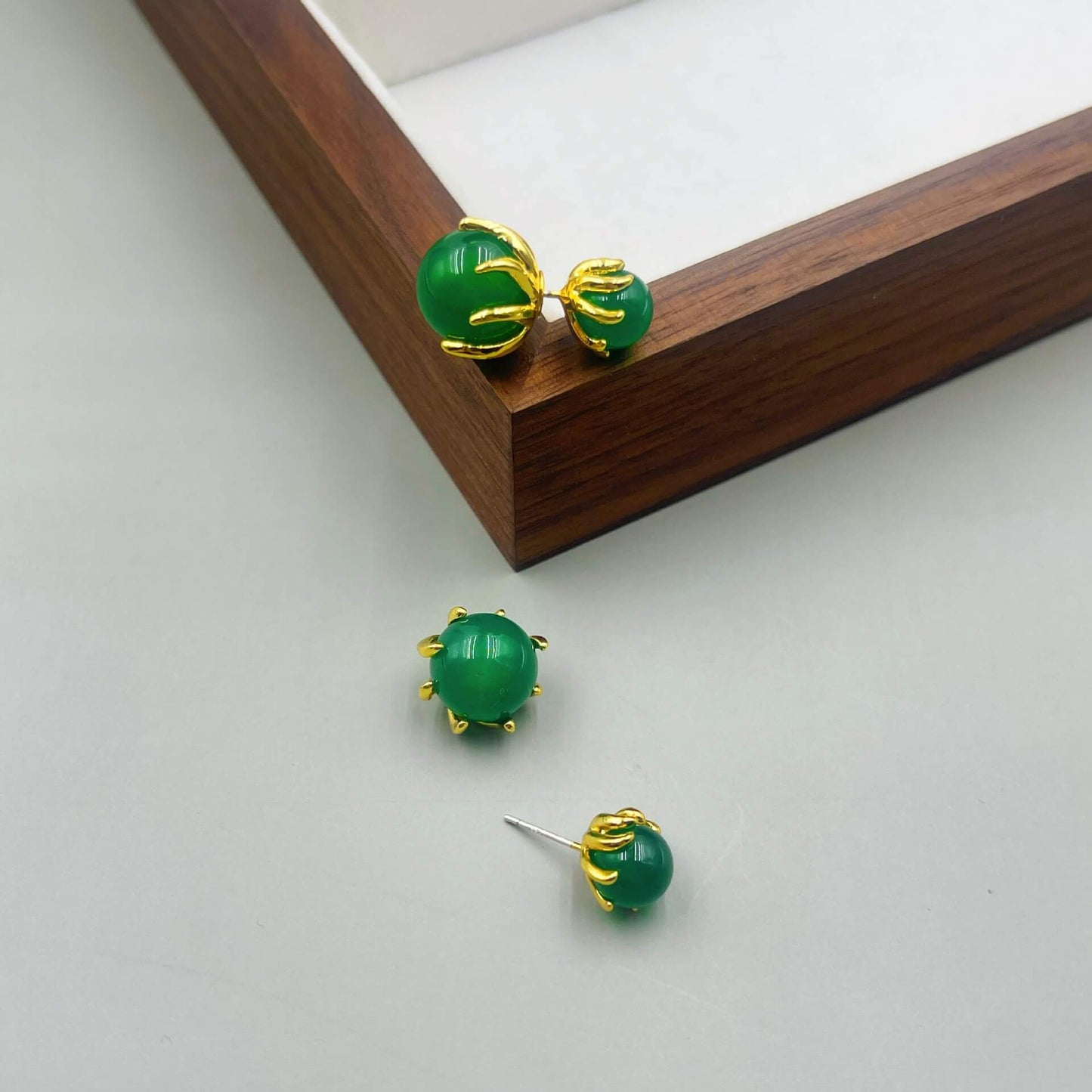 Double Ball Stud Earrings Green Agate Peacock Stone Tiger's Eye