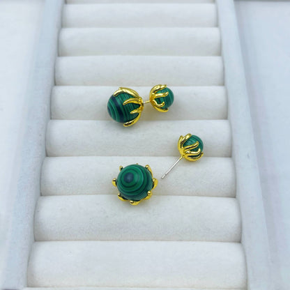 Double Ball Stud Earrings Green Agate Peacock Stone Tiger's Eye