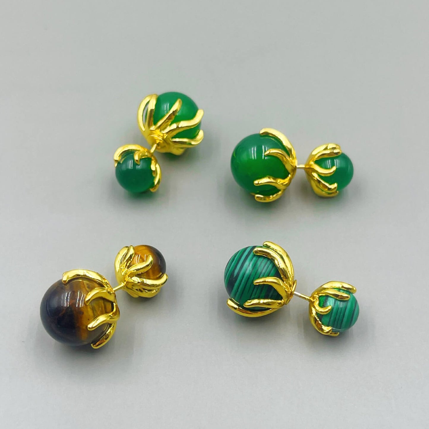 Double Ball Stud Earrings Green Agate Peacock Stone Tiger's Eye