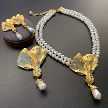 Pleated Butterfly Pearl Necklace Earring  Jewelry Set