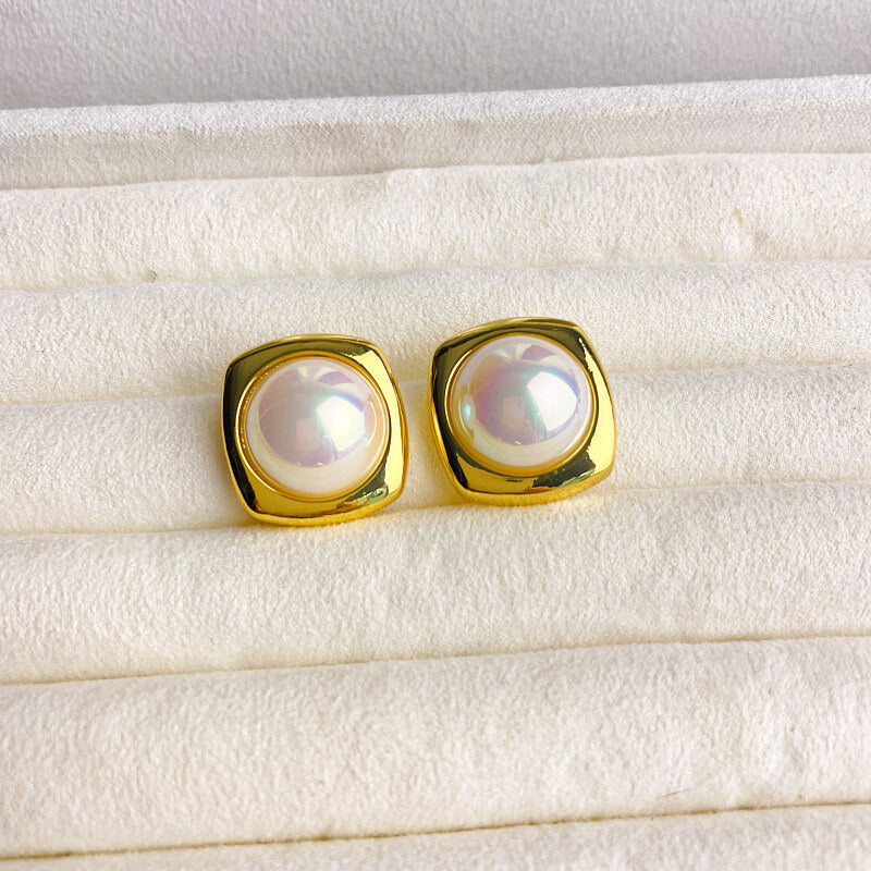 White Grey Pearl Stud Earring 24K Real gold-plated Earring