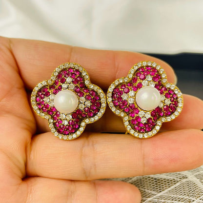 Petal Pearl Stud Earring colorful Diamond Earring