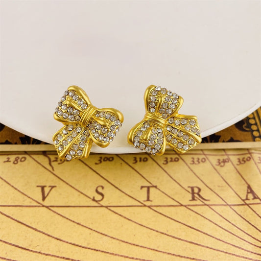 Small Bow Tie Diamond Stud Earring 24K Matte Gold