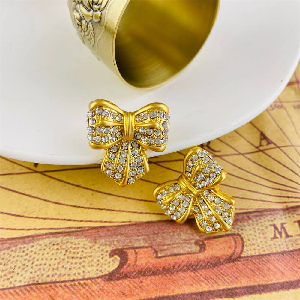 Small Bow Tie Diamond Stud Earring 24K Matte Gold