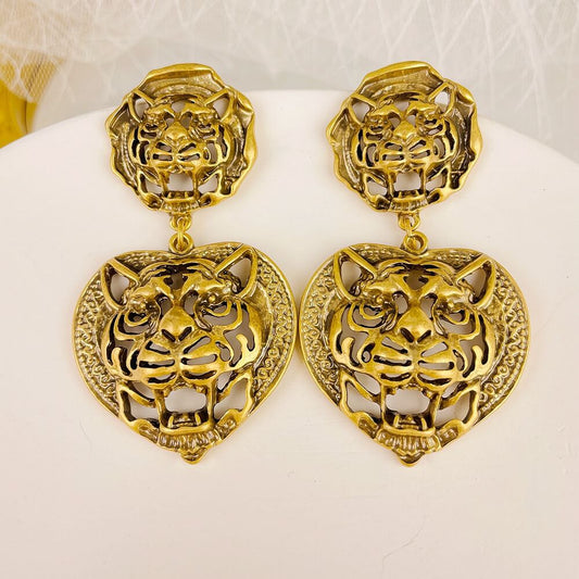 Tiger Head Totem Earrings Hollow Relief Stud Earring