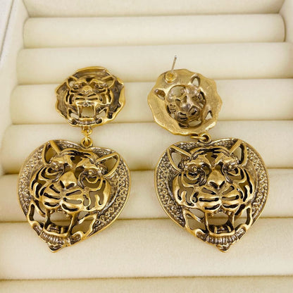 Tiger Head Totem Earrings Hollow Relief Stud Earring