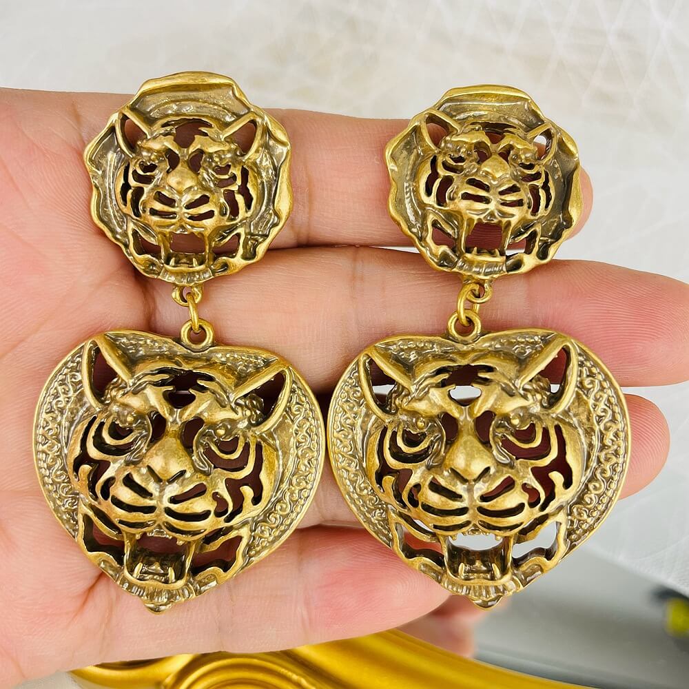 Tiger Head Totem Earrings Hollow Relief Stud Earring